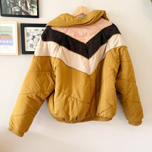 Free People Heidi Ski Puffer Jacket Mustard Chevron Color‑Block Zip Front Size M - Picture 12 of 12